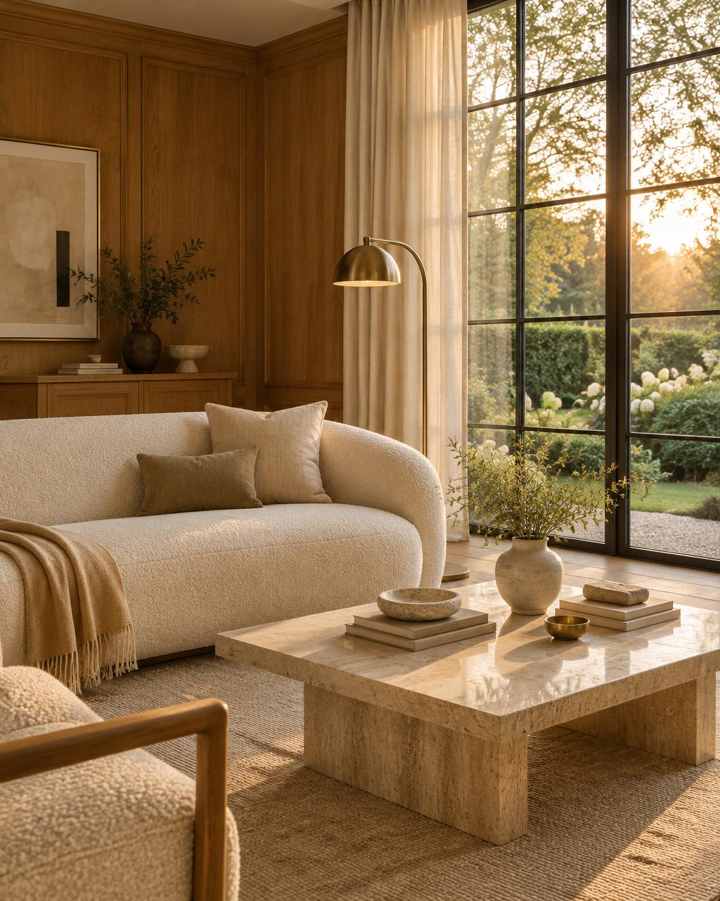 A boutique-designed living room with oak panelling and warm neutral furnishings