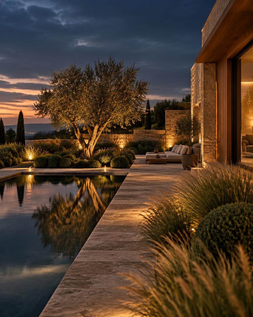 A landscaped garden at dusk with stone paving, a reflecting pool and warm lighting